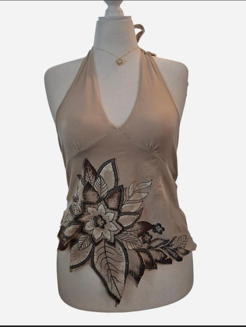 Y2K Beige Floral Halter Tank Top Size XL